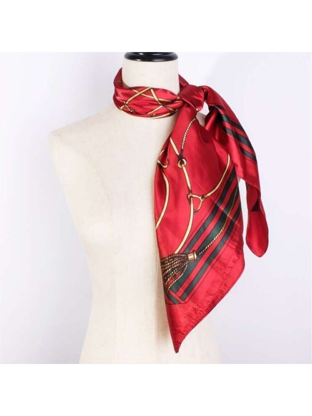 Chain Scarf Vintage Style Horse Satin Head Red Scarf Bandana - Picture 2 of 9